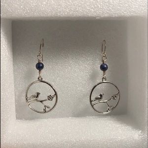Bird On Branch Round Earrings- Silver/Dark Blue Bead